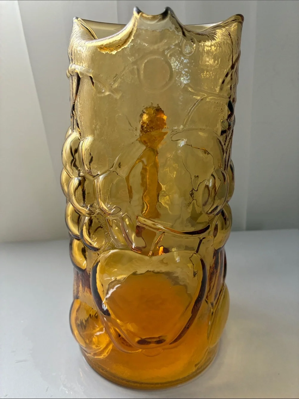 Amber Pressed Glass Pitcher with Fruit Motif